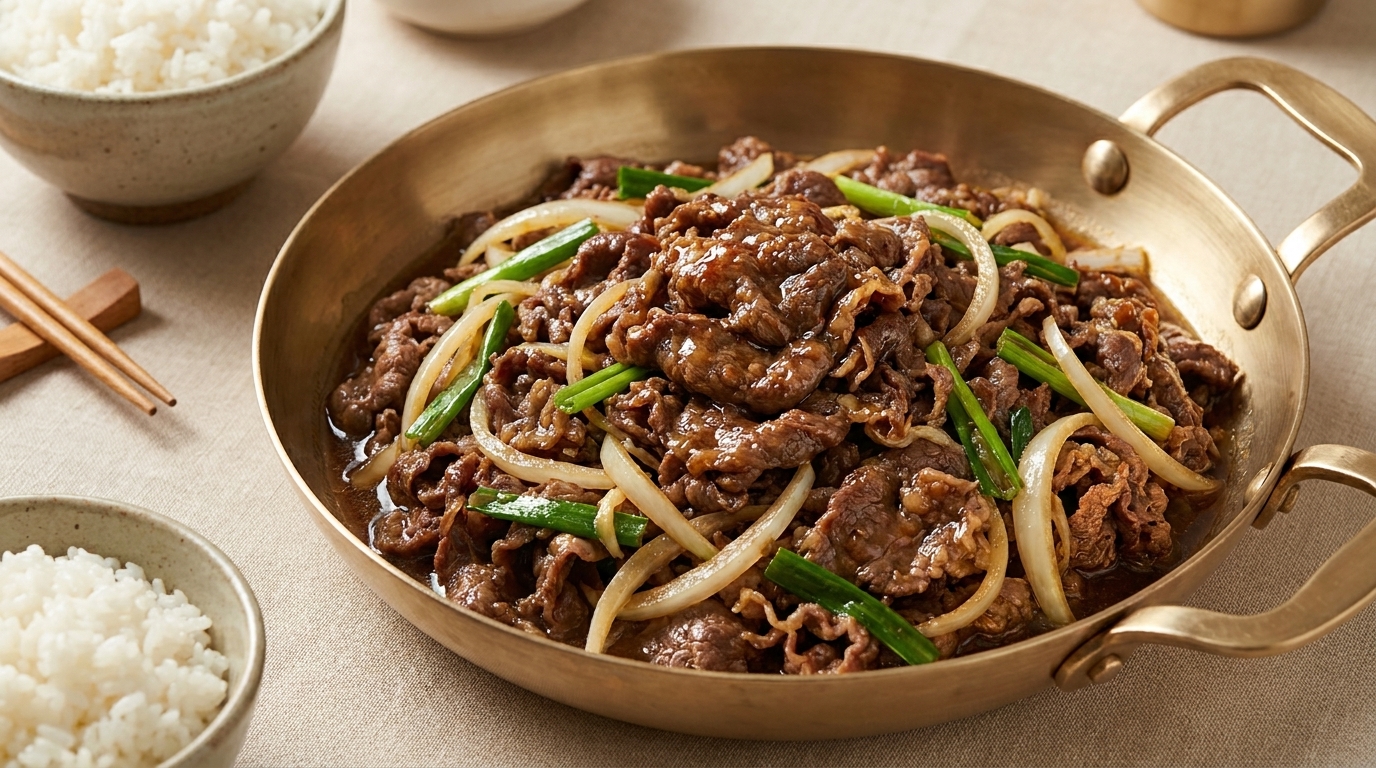 Fines tranches de bœuf mariné saisies à la poêle avec des oignons blancs et des cébettes fraîches.