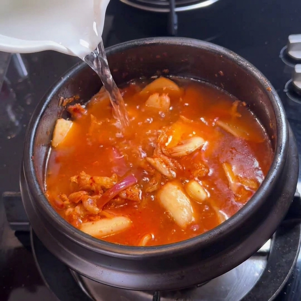 De leau claire versée dun pichet blanc dans un pot sombre rempli de kimchi rouge, de porc et doignons.