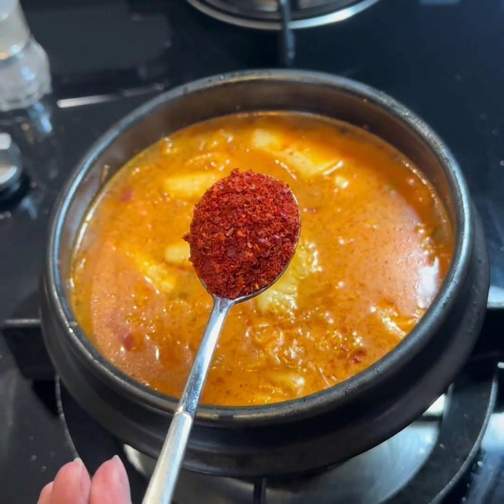 Une cuillère remplie de piment coréen rouge vif ajoutée à la soupe qui mijote.