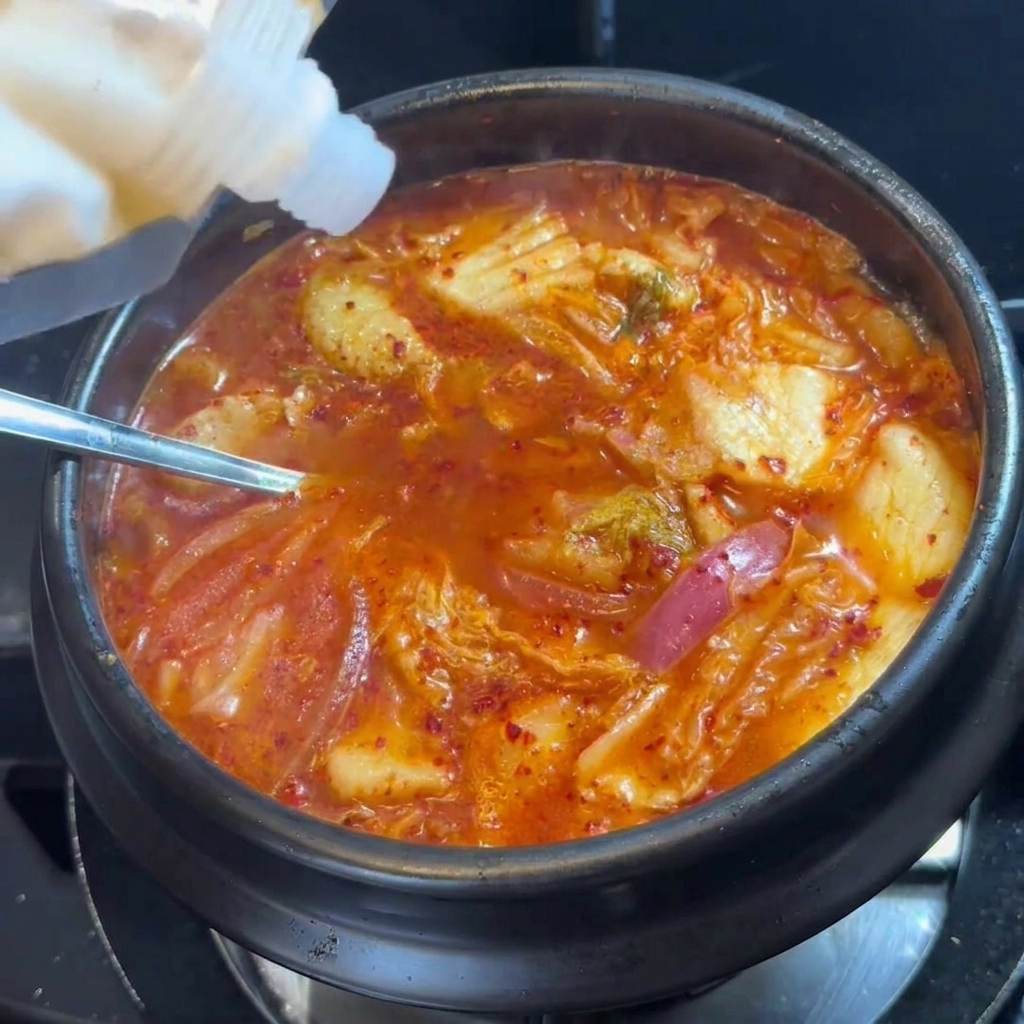 Du sucre blanc versé dans une soupe de kimchi rouge fumante dans un pot sombre.