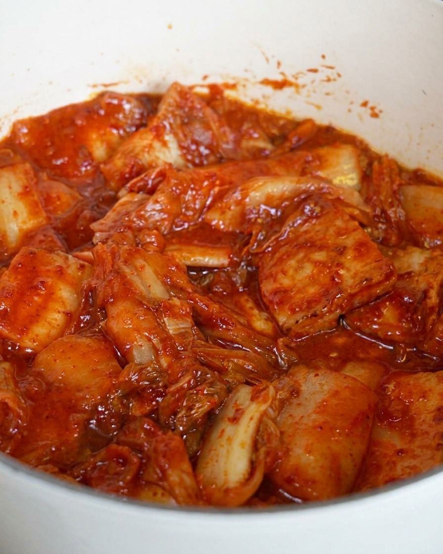 Gros plan sur le kimchi haché et le porc sautant ensemble dans une marmite, enrobés de sauce au piment rouge.
