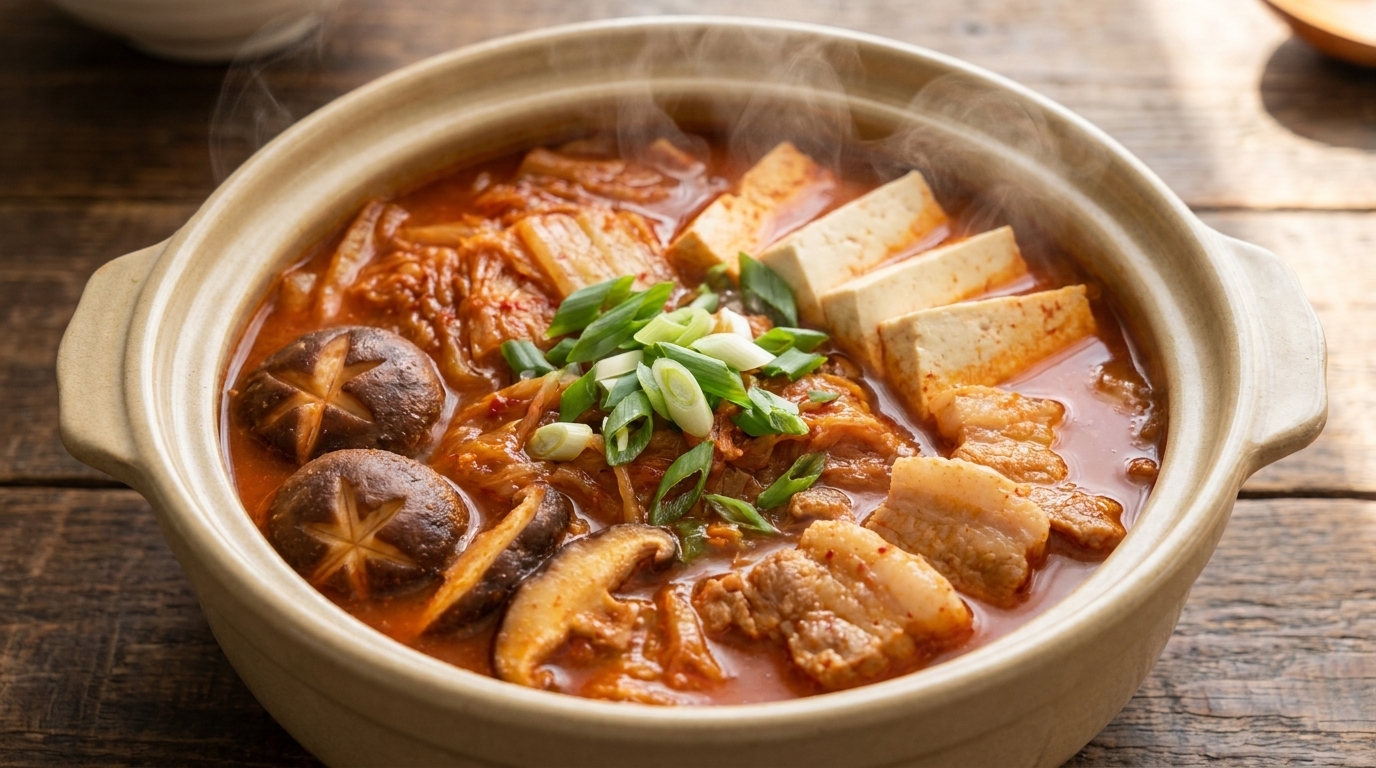 Une marmite en céramique fumante de Kimchi-jjigae avec de la poitrine de porc tendre, du tofu frais et des champignons shiitake.