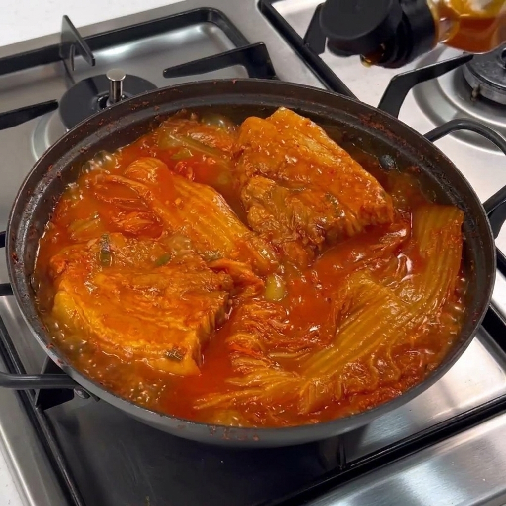 Un filet dhuile dorée versé dune bouteille sur le ragoût de kimchi bouillonnant.