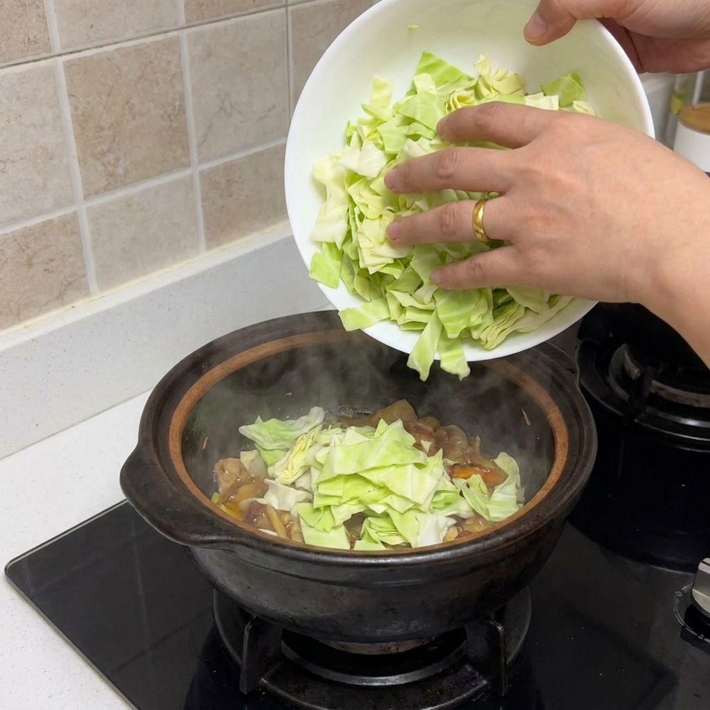 Du chou frais haché versé dun bol blanc dans la marmite avec les oignons et les champignons.