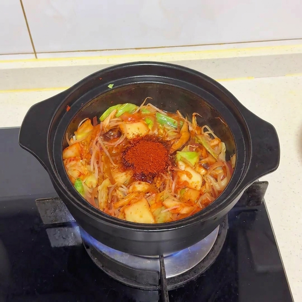 Un petit dôme de poudre de piment rouge vif posé sur les légumes dans la marmite noire.