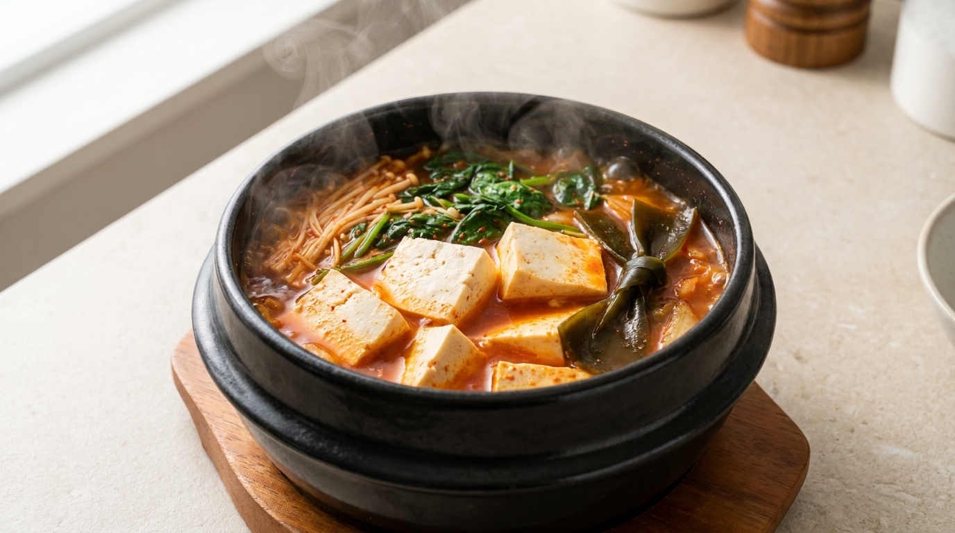 Soupe Coréenne au Kimchi et Tofu Soyeux (Kimchi-jjigae Végétarien)