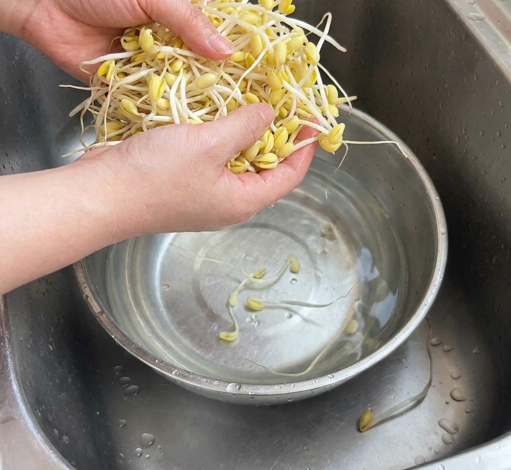 Mains rinçant un bouquet de pousses de soja dans un bol en inox sous un robinet de cuisine.
