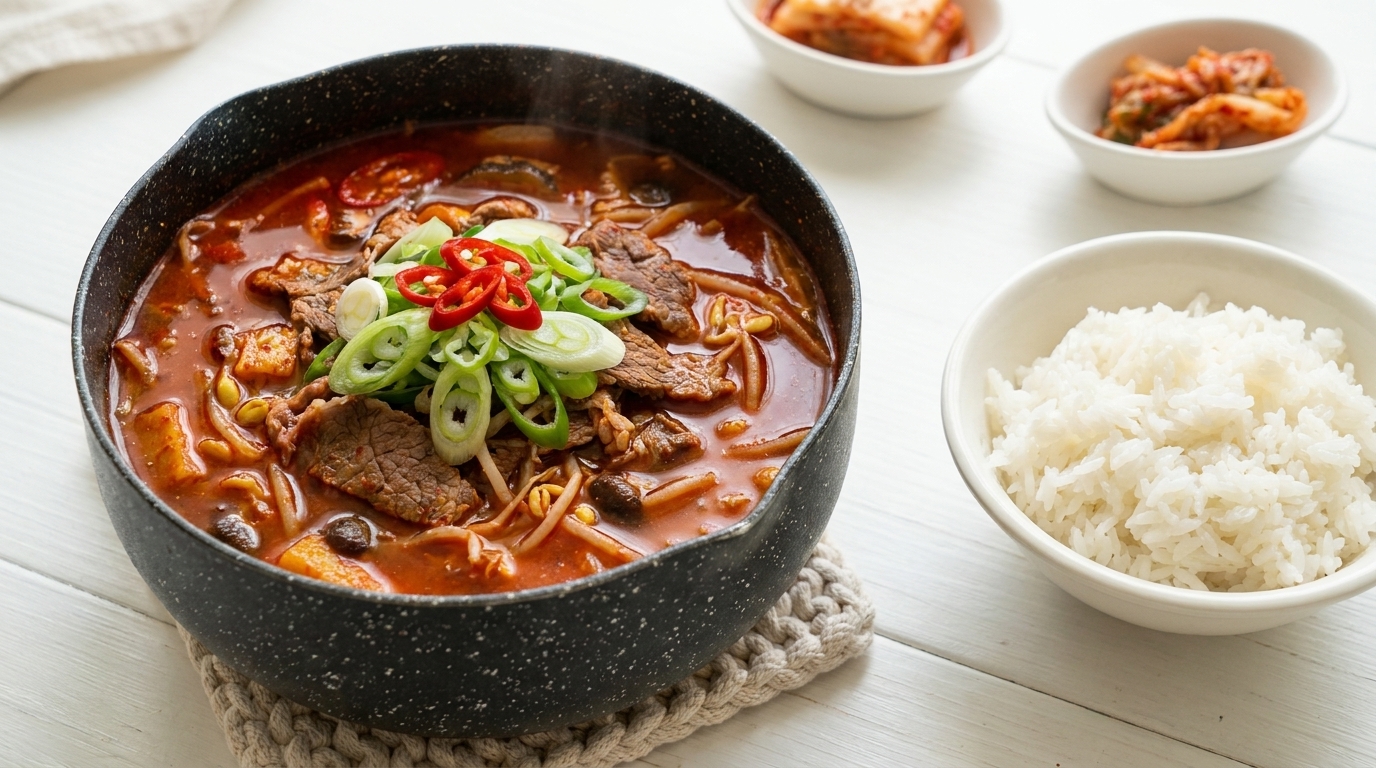 Un bol fumant de soupe au bœuf style Yukgaejang, servi avec un bol de riz blanc bien chaud.