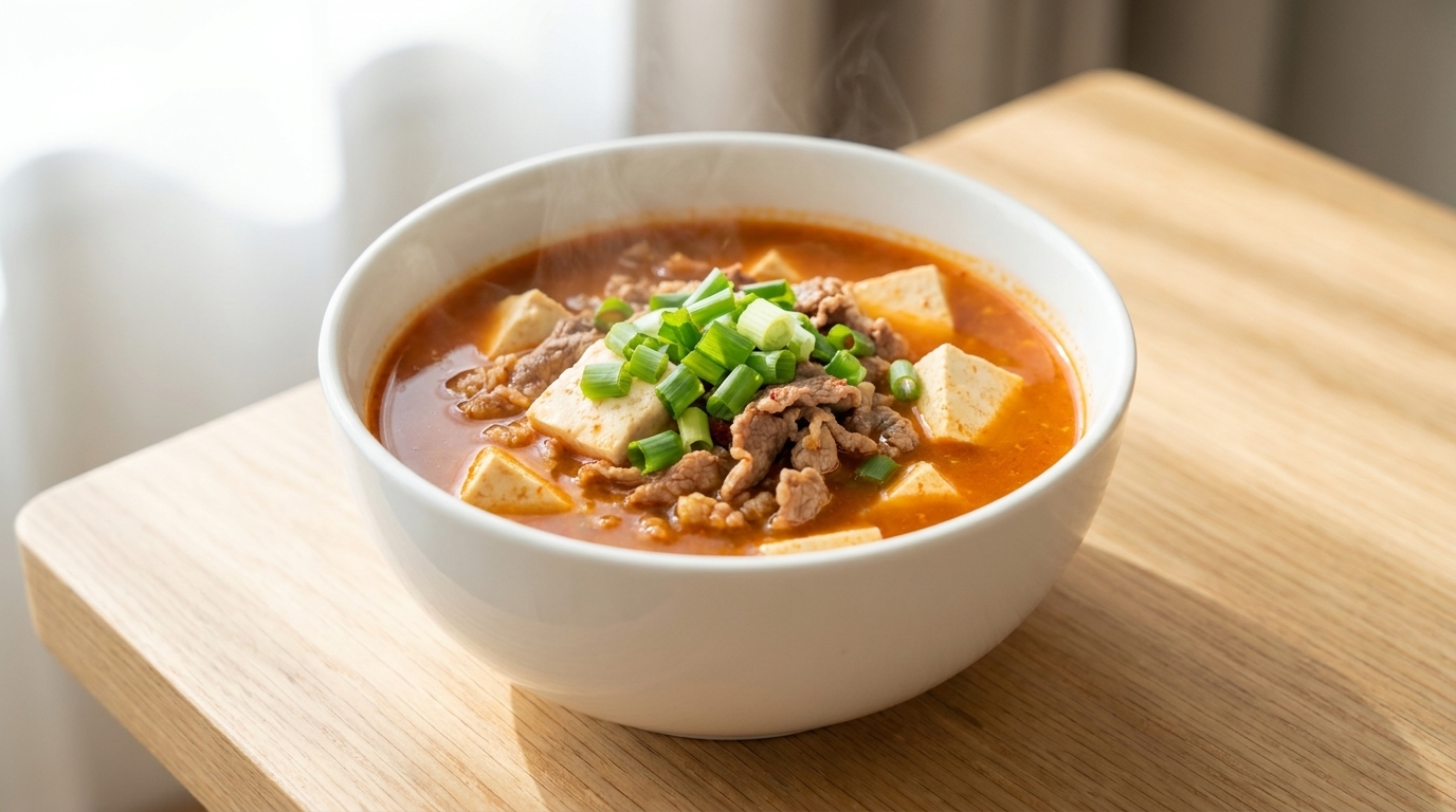 Soupe rapide au bœuf et au tofu à la pâte de soja (Doenjang-jjigae)