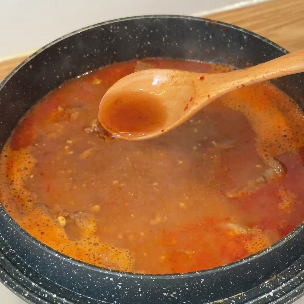 Une cuillère en bois contenant de la sauce poisson claire plongée dans un bouillon de soupe rouge.