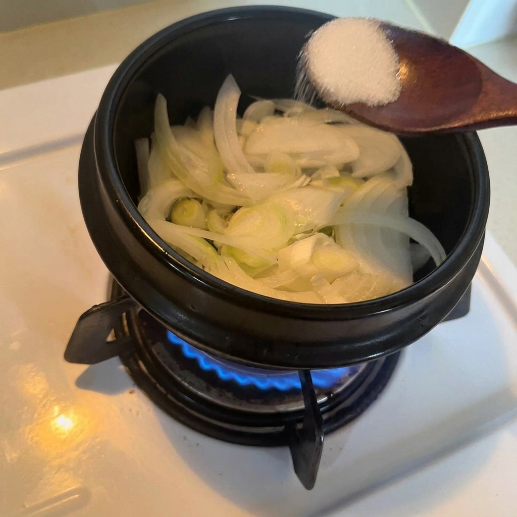 Une cuillère en bois versant du sucre blanc dans un pot contenant des oignons blancs et verts émincés.