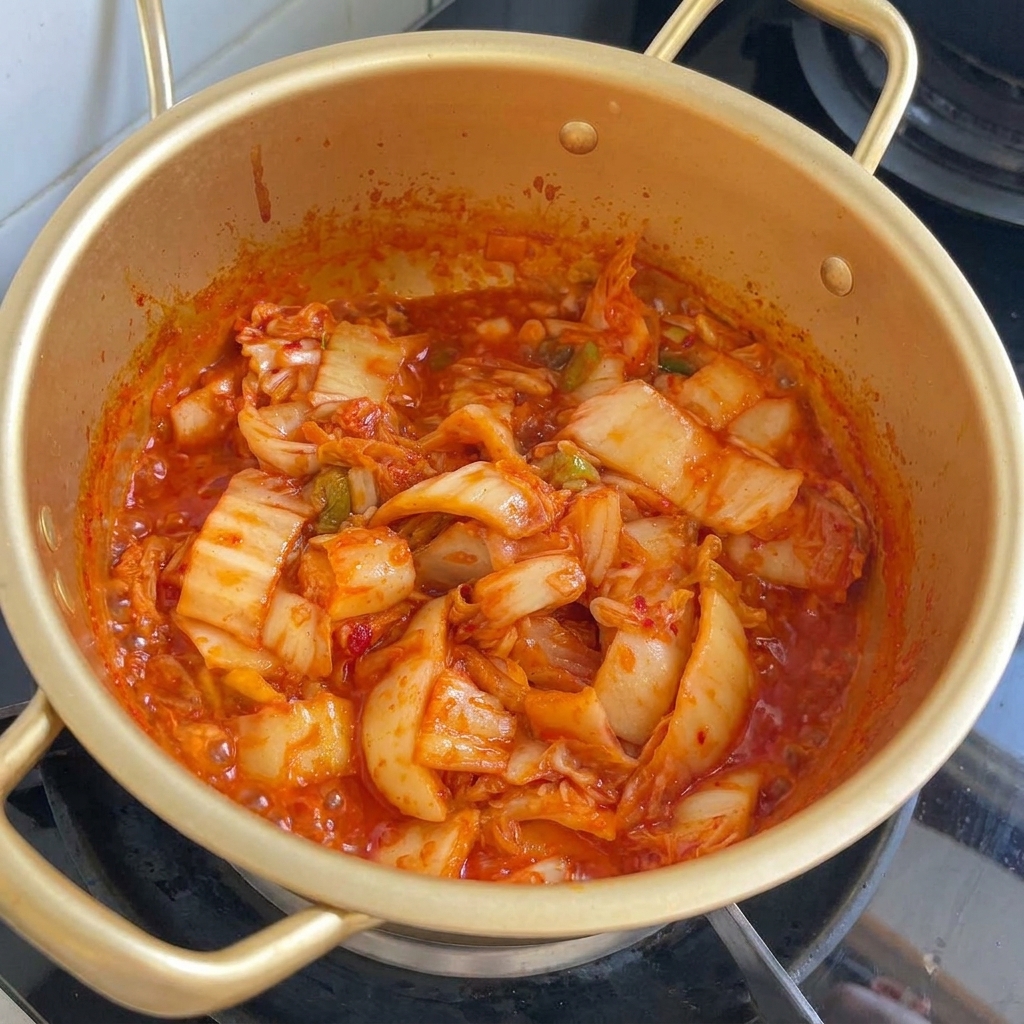 Sauce soja foncée versée sur un mélange bouillonnant de kimchi et de ciboule dans une marmite.