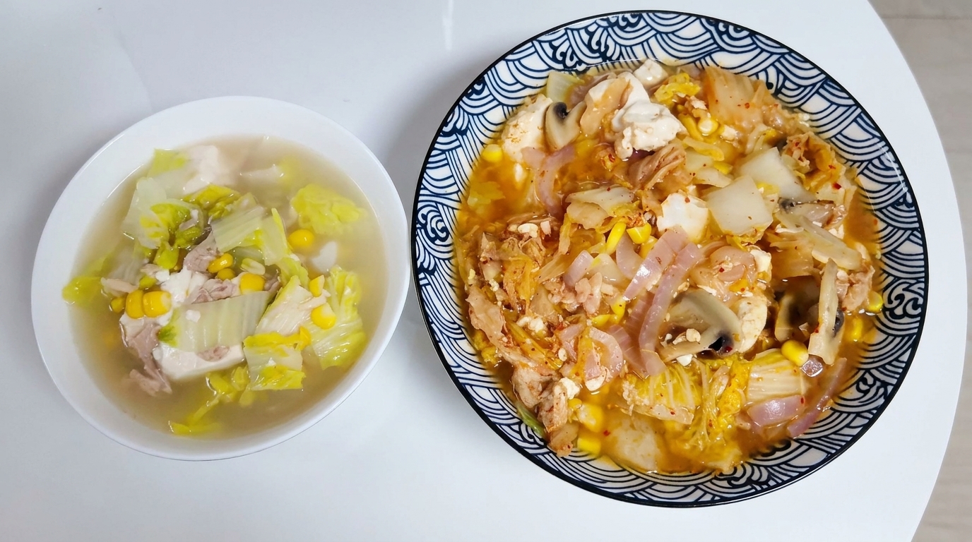 Soupe saine au kimchi, thon et tofu au maïs doux