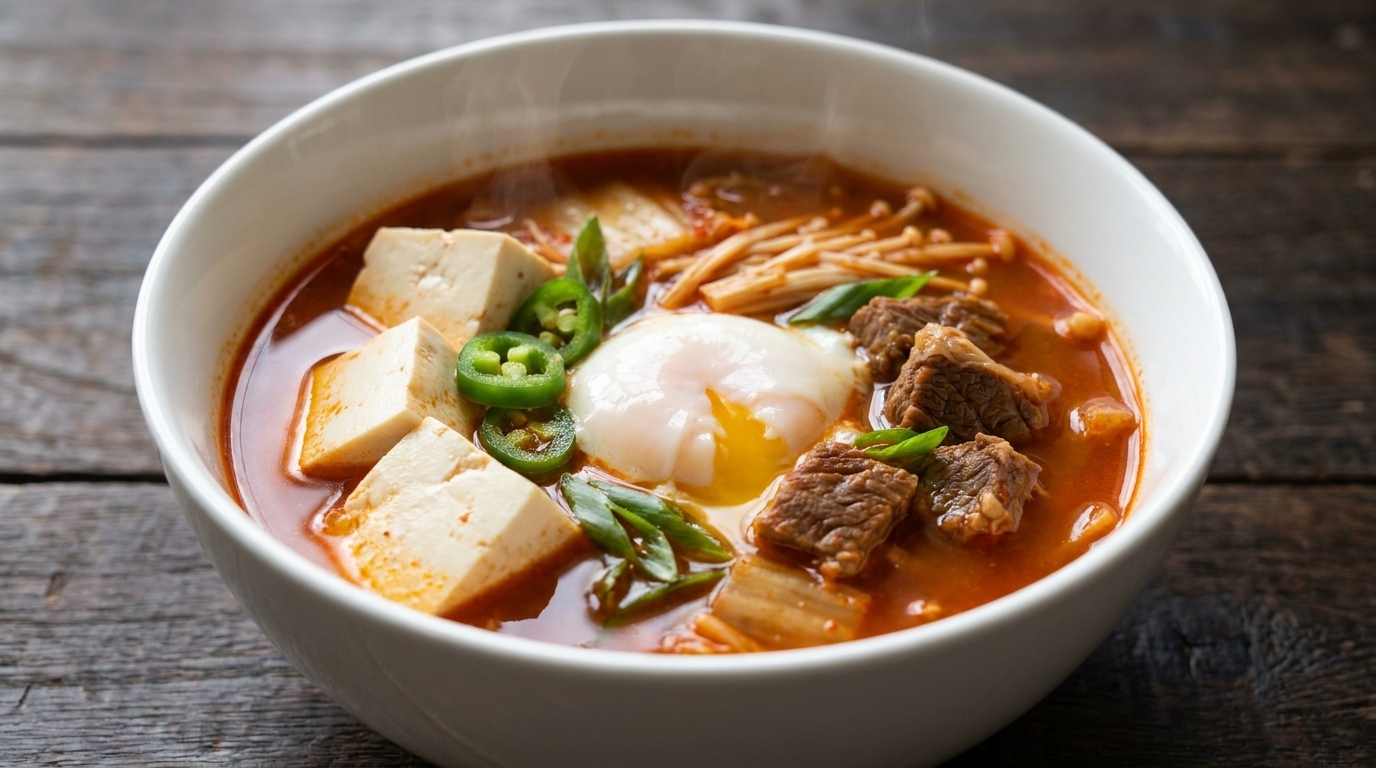 Un bol fumant de soupe kimchi au bœuf et tofu soyeux, garni de champignons enoki et dun œuf poché.