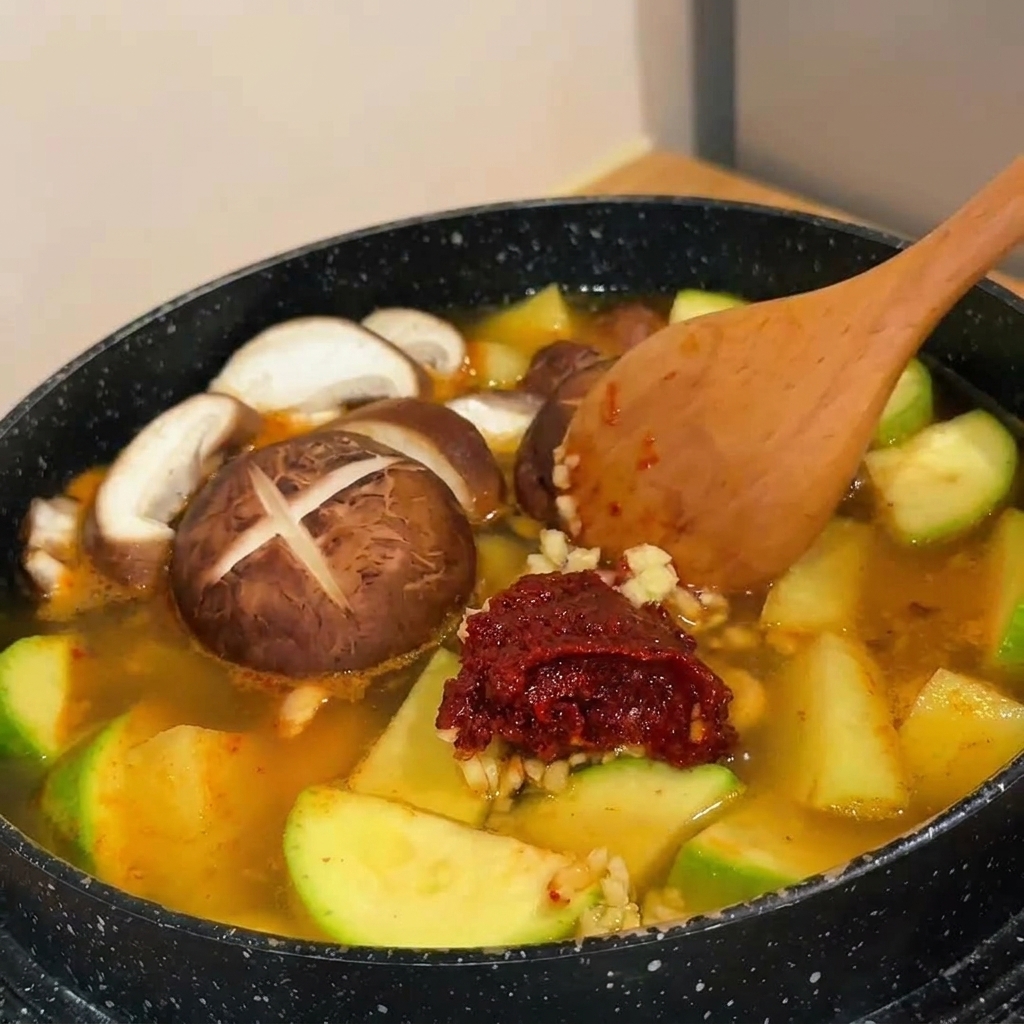 Une pâte épaisse de piment rouge et dail mélangée à un ragoût frémissant avec une grande cuillère en bois.