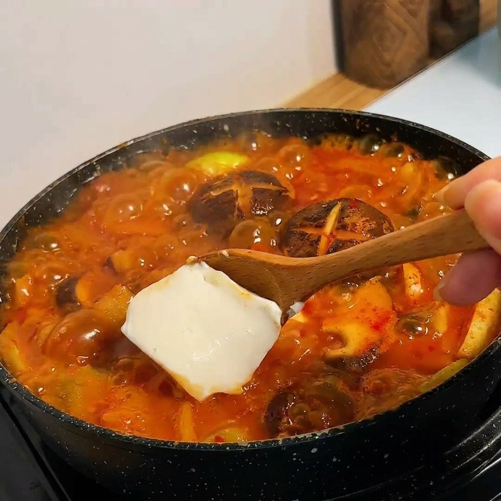 Un bloc de tofu blanc lisse sur une cuillère en bois plongé dans un ragoût coréen bouillonnant rouge vif.