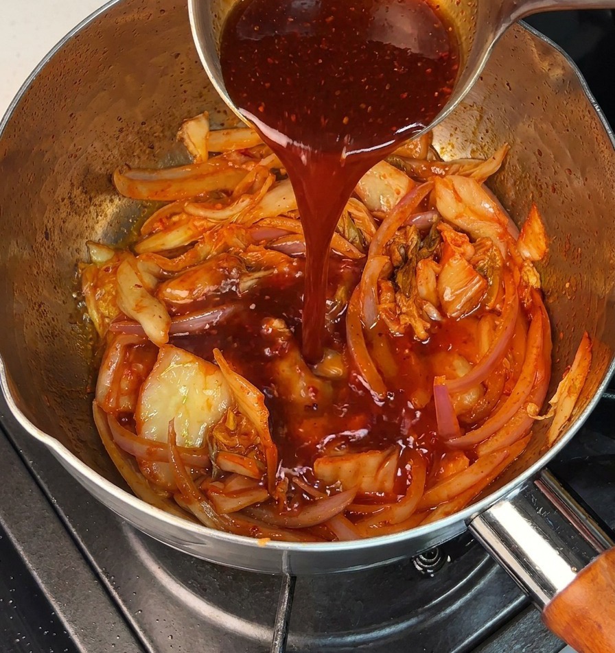 Sauce au piment rouge versée dans une marmite contenant le mélange de kimchi et doignons.