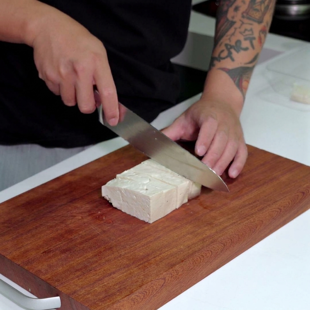 Un grand couteau de cuisine coupant un bloc de tofu blanc en dés carrés réguliers sur une planche à découper en bois.