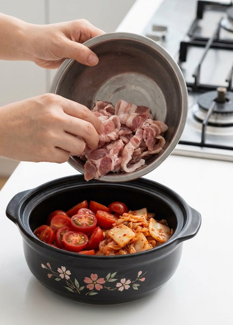 Des mains transférant des tranches de poitrine de porc crue dun bol en acier inoxydable vers une marmite de cuisson en céramique noire.
