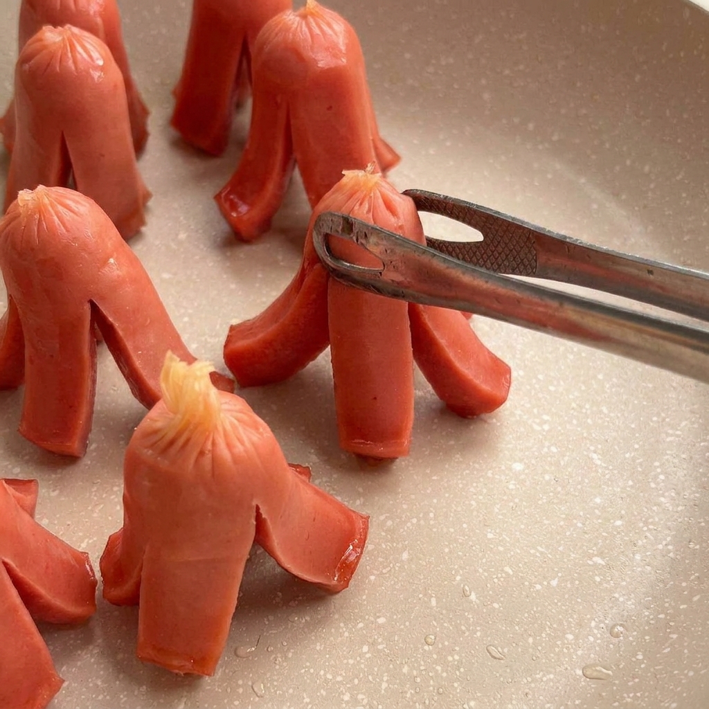 Petites saucisses dont les extrémités souvrent en forme de pieuvres pendant la cuisson.
