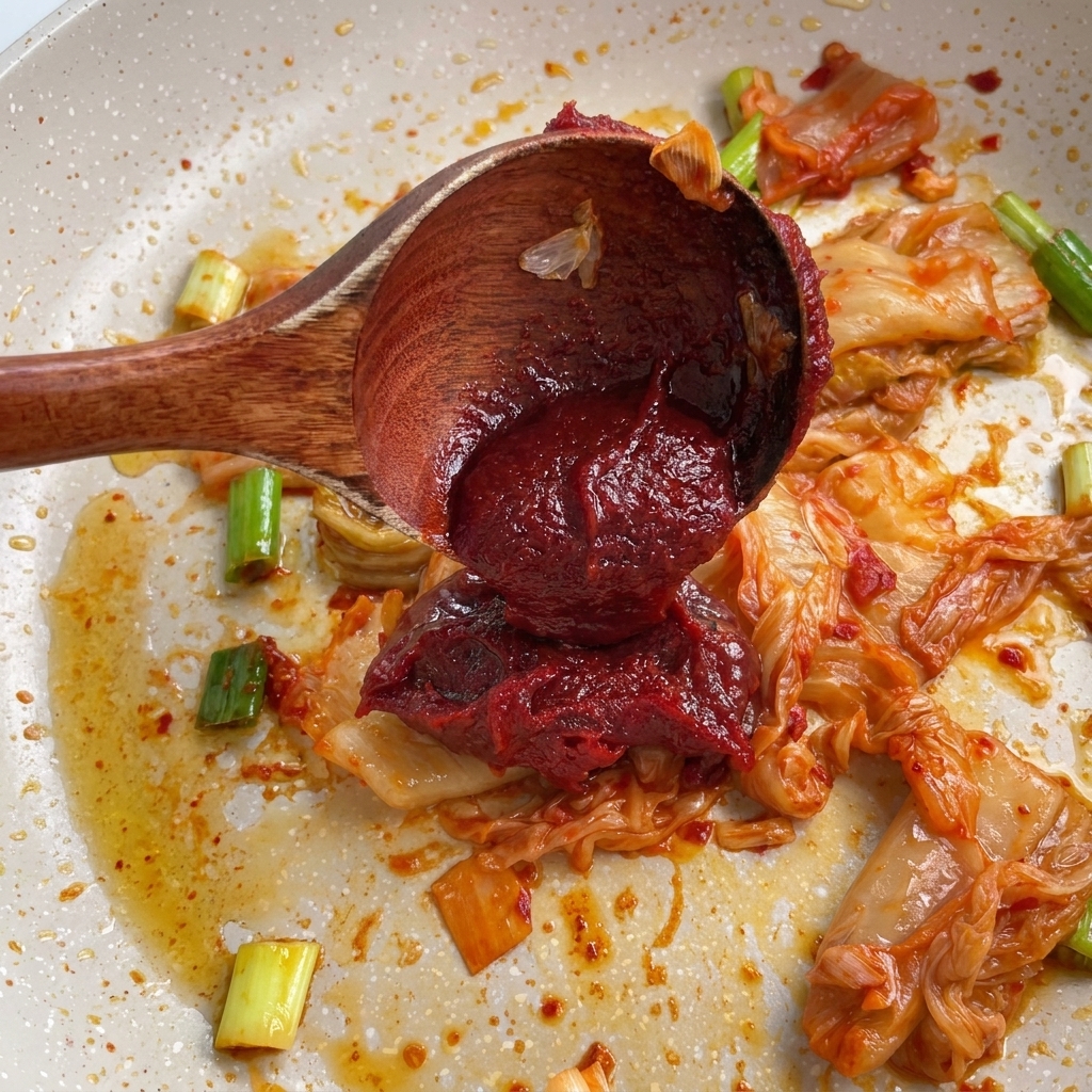 Une cuillère déposant de la pâte gochujang rouge vif sur le mélange de kimchi.