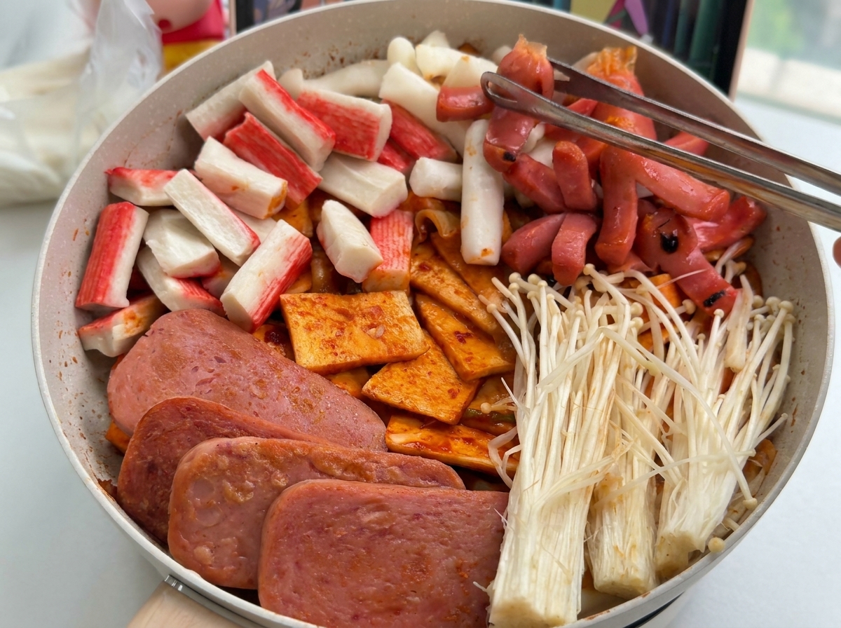Jambon, surimi et champignons disposés avec soin par sections dans le faitout.
