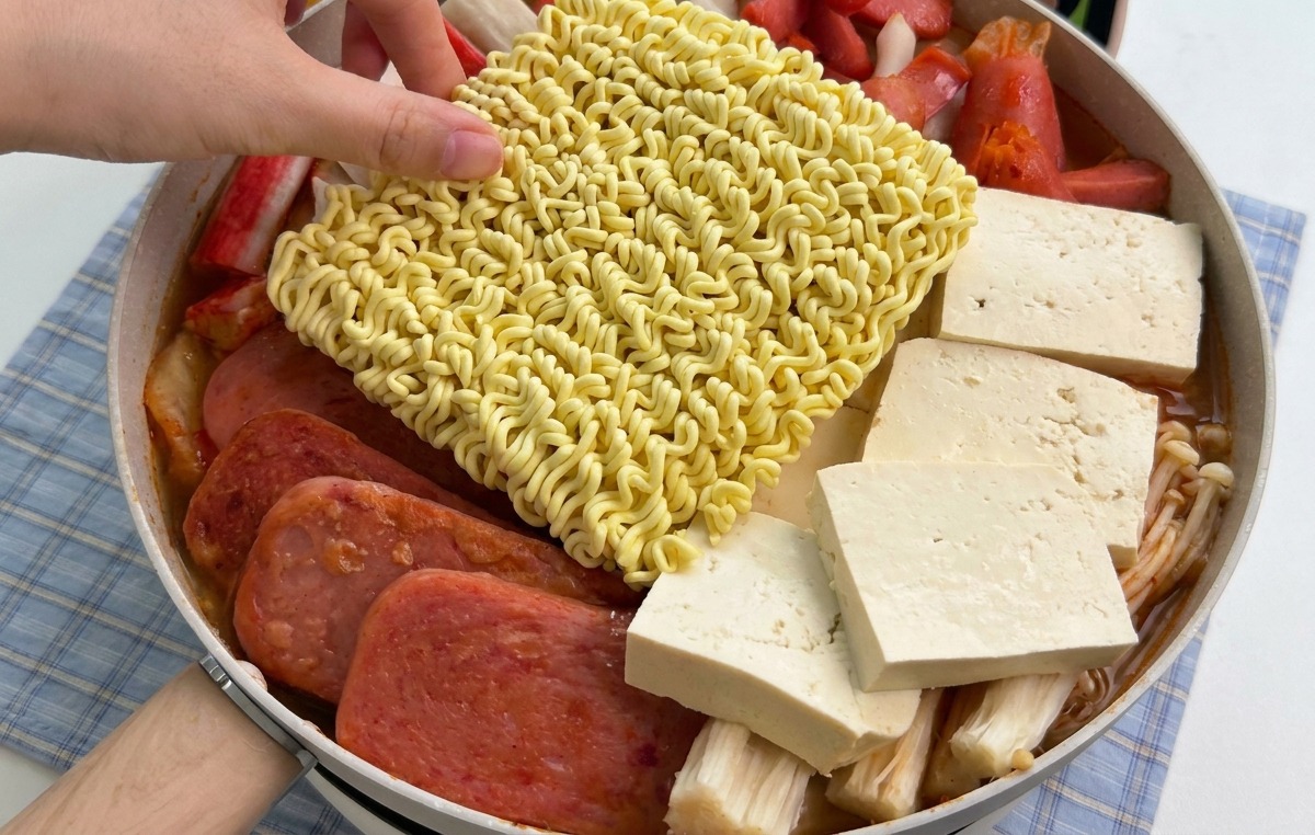 Bloc de nouilles ramen déposé au centre du ragoût fumant.