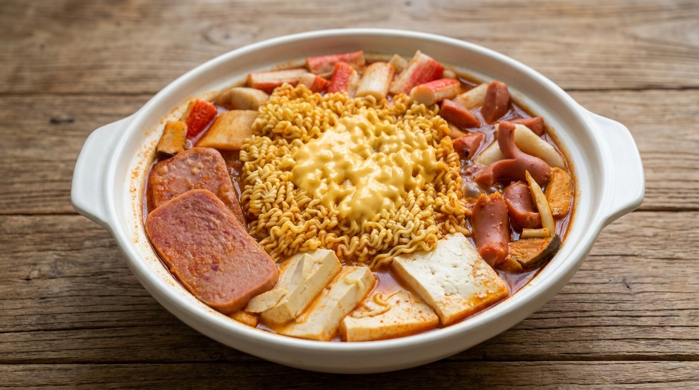 Un faitout bouillonnant de Budae Jjigae garni de nouilles ramen, de fromage fondant, de tofu soyeux et de viandes savoureuses