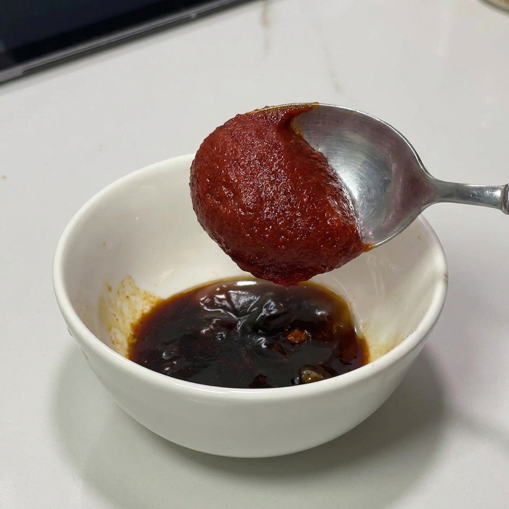 Une cuillère déposant une épaisse dose de pâte de gochujang rouge foncé dans un bol dassaisonnements.