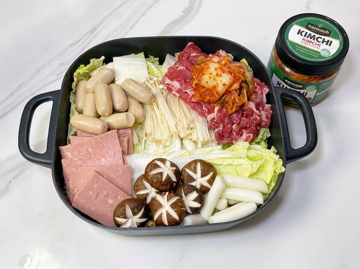 Marmite de cuisson remplie de bœuf, saucisses, kimchi, gâteaux de riz et légumes colorés.