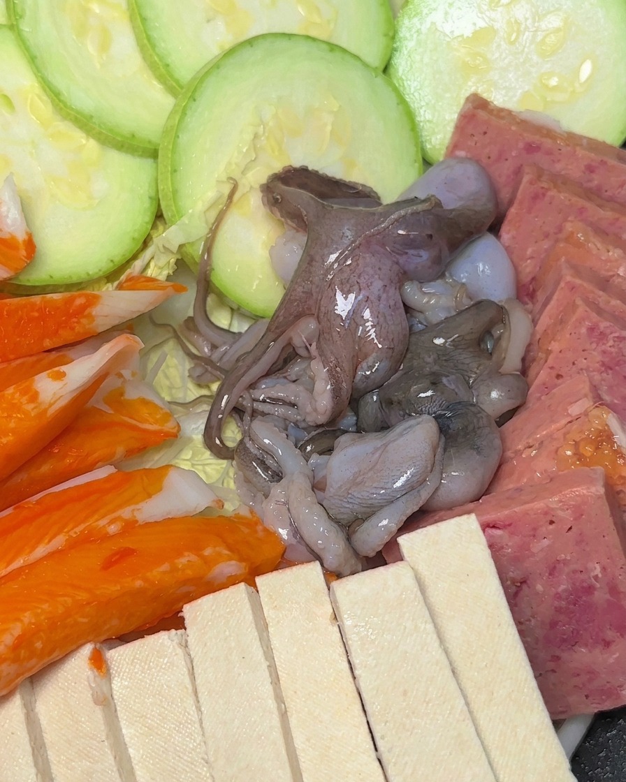 Vue rapprochée dune marmite garnie de courgettes, spam, tofu, surimi et poulpe cru.