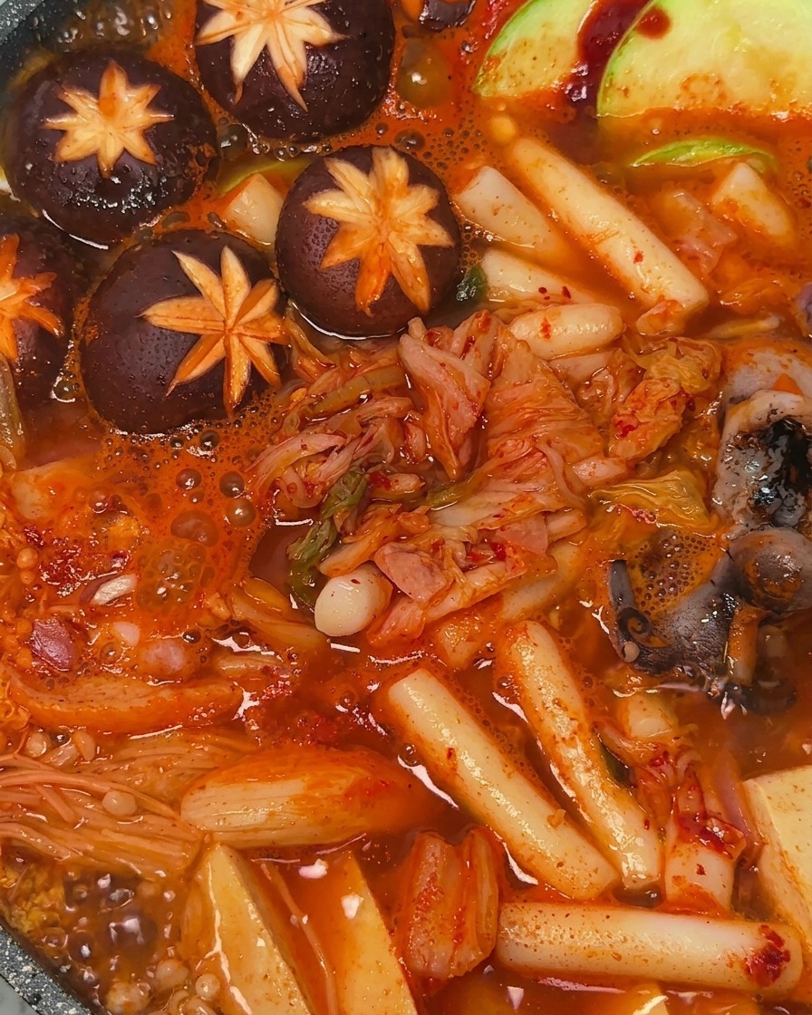Ajout de kimchi fermenté au centre dune marmite de ragoût bouillonnant.