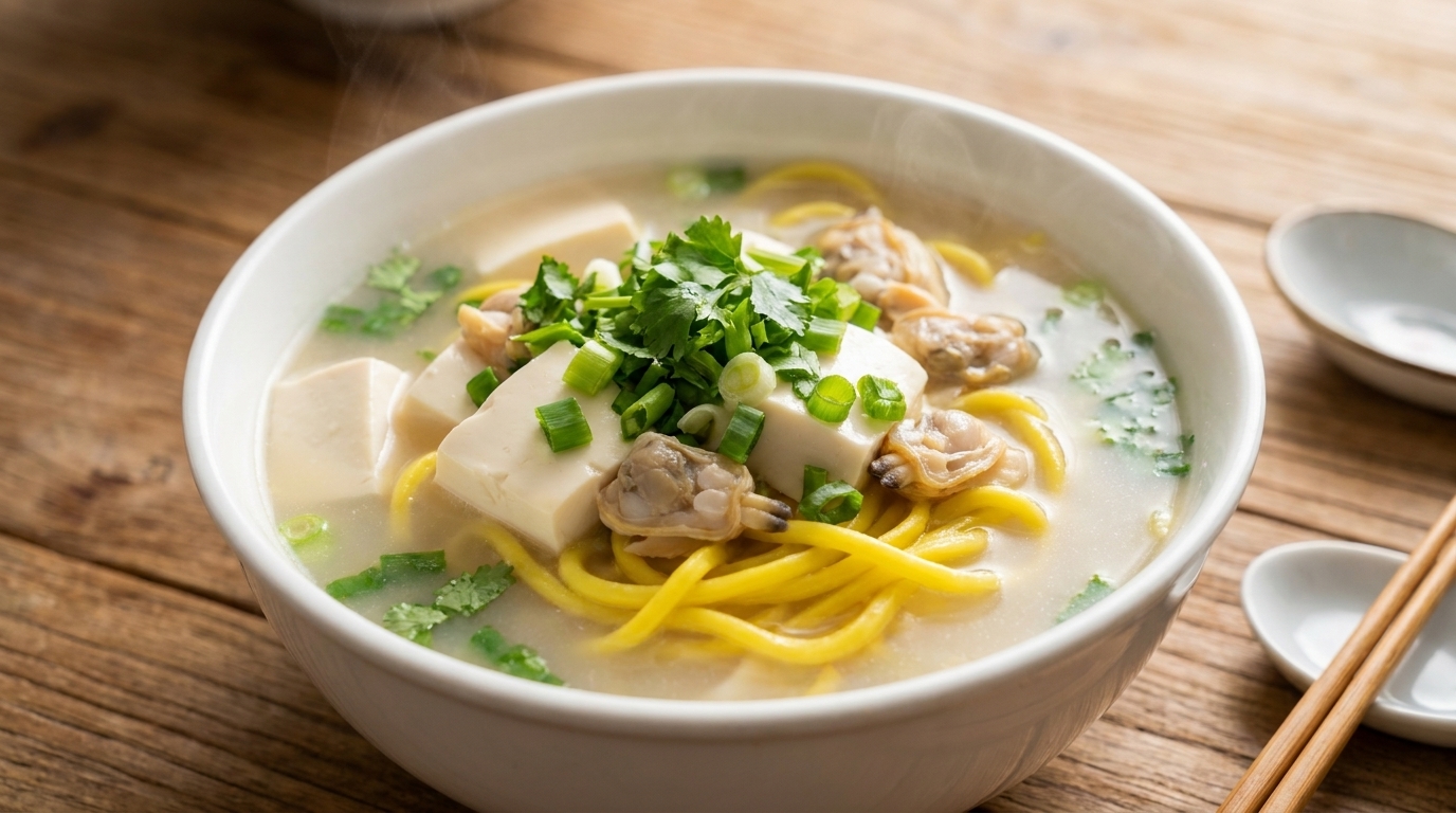 Soupe aux palourdes de Dandong, tofu soyeux et nouilles Cha-zi