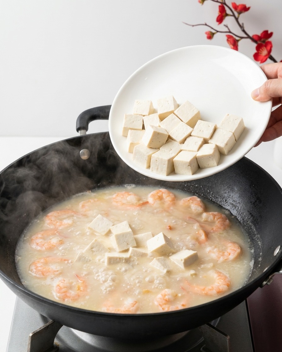 Une assiette blanche inclinée au-dessus dun wok, laissant tomber des cubes de tofu blanc dans un bouillon de fruits de mer bouillonnant.