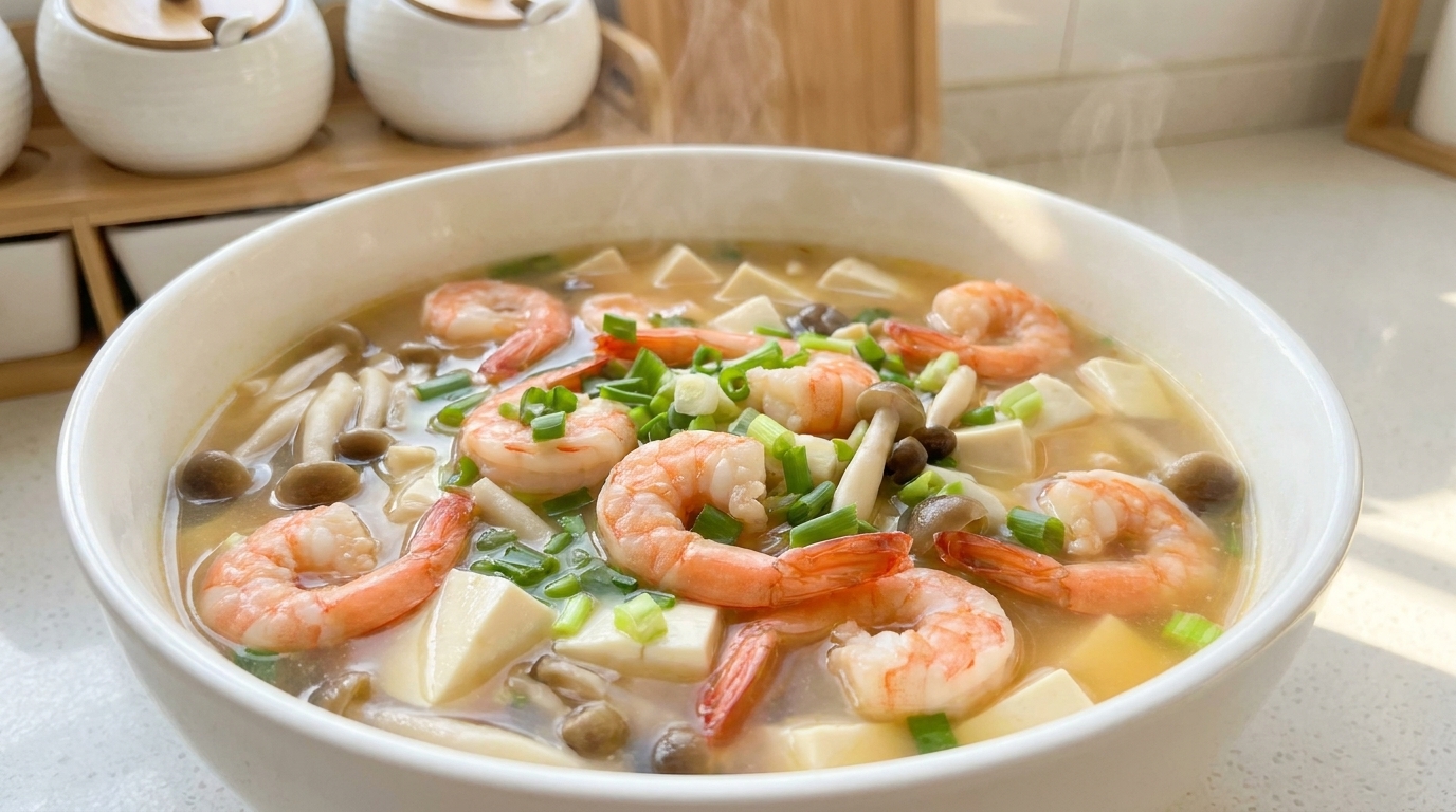 Soupe de Tofu aux Fruits de Mer, Crevettes et Shimeji