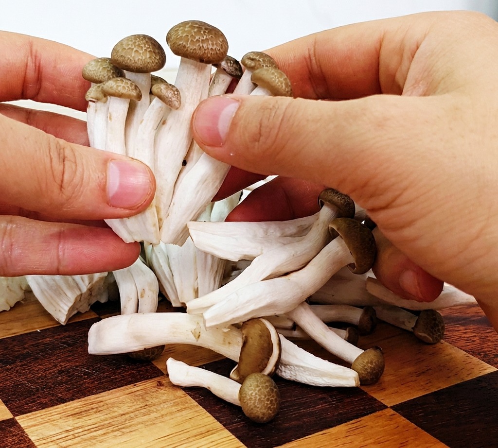 Deux mains séparant délicatement un bouquet de champignons à chapeau brun au-dessus dune planche à découper.