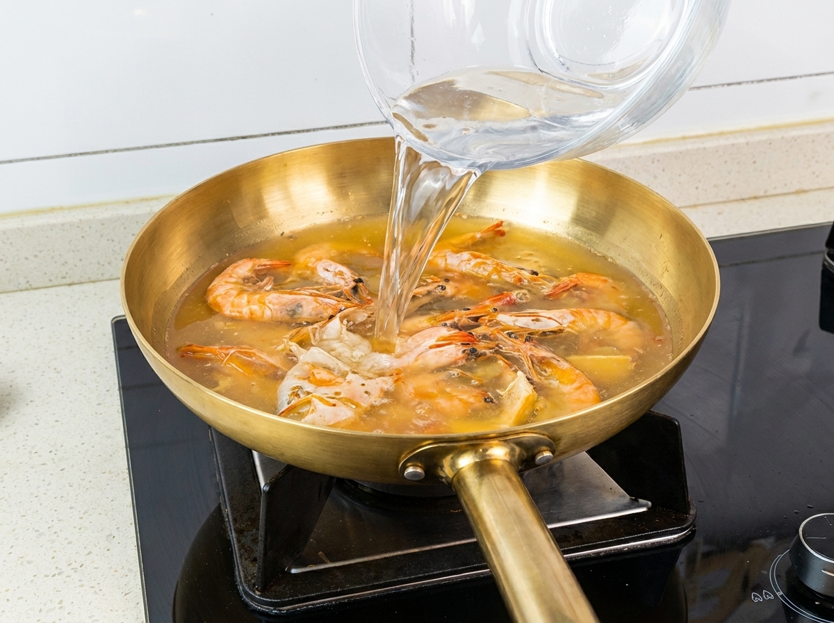 De leau versée dun bol en verre dans une poêle contenant des carapaces de crevettes frites et un liquide jaune bouillant.