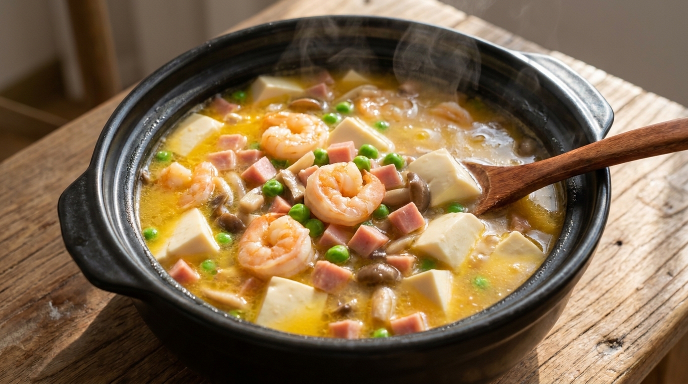 Une cuillerée de soupe Sanxian dorée avec crevettes et tofu soyeux dans une marmite en terre cuite.