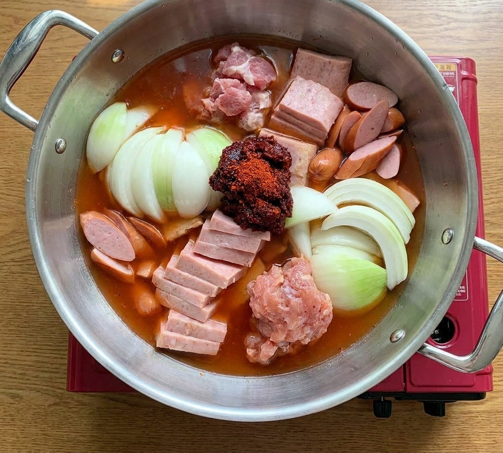 Une marmite en inox contenant du spam, des saucisses, des oignons et de la viande hachée, surmontée dune pâte rouge épicée.