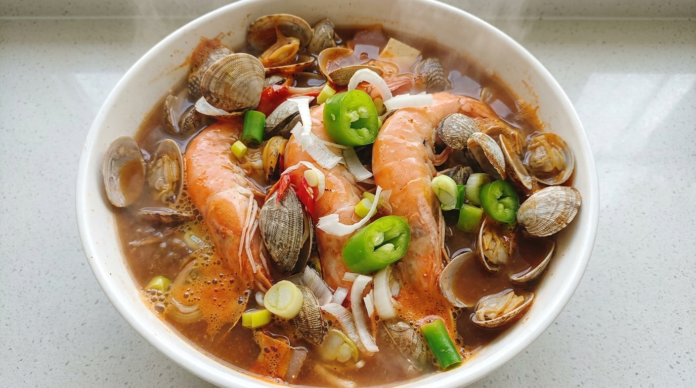 Un bol fumant de Haemul Doenjang Jjigae garni de crevettes entières, de palourdes et daromates frais dans un bouillon savoureux.