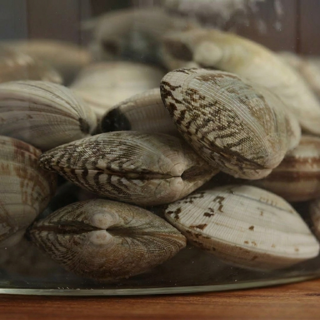 Gros plan sur plusieurs palourdes immergées dans leau à lintérieur dun récipient en verre.
