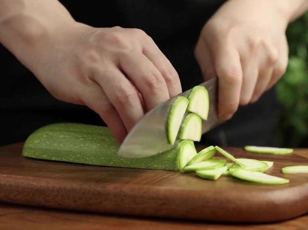 Mains coupant une longue courgette verte en demi-lunes sur une planche en bois.