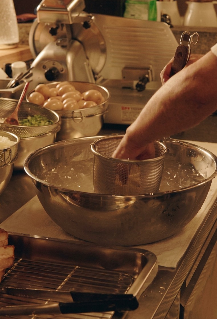 Nouilles ramen épaisses remuées avec des baguettes dans une grande casserole deau bouillante.