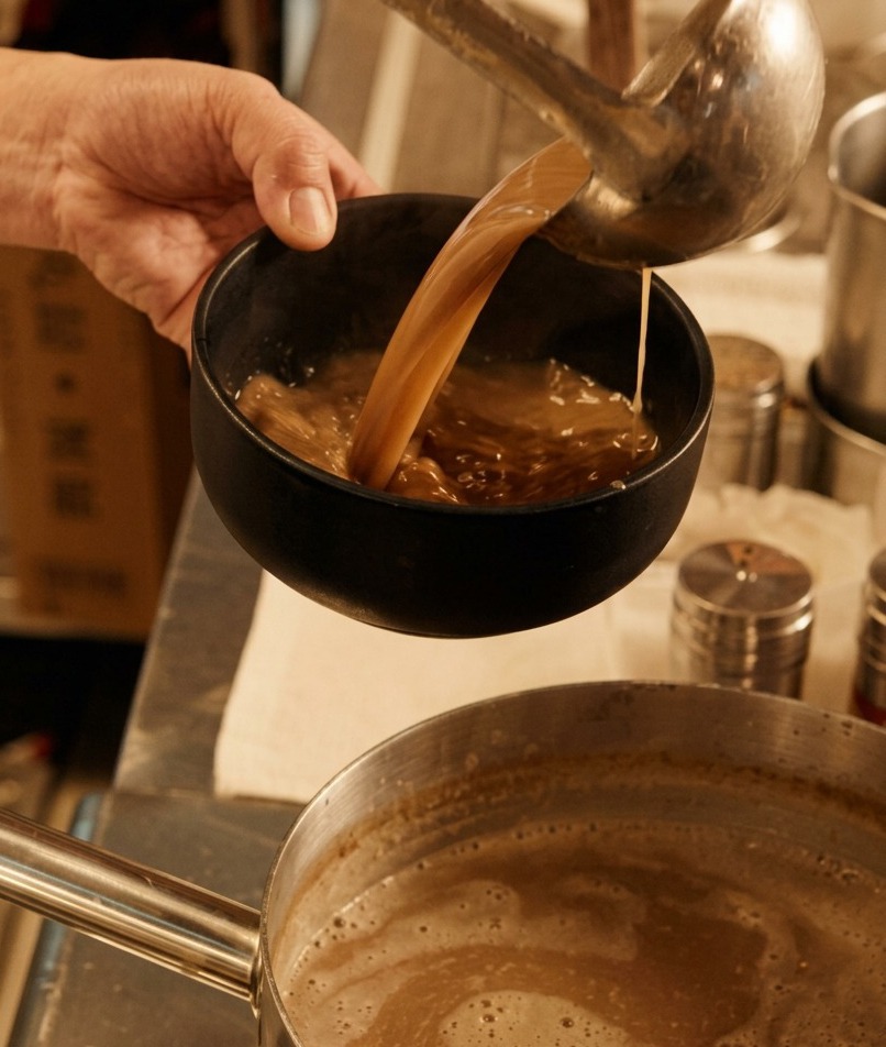 Bouillon de ramen brun et riche versé à la louche dans un bol en céramique noir mat.