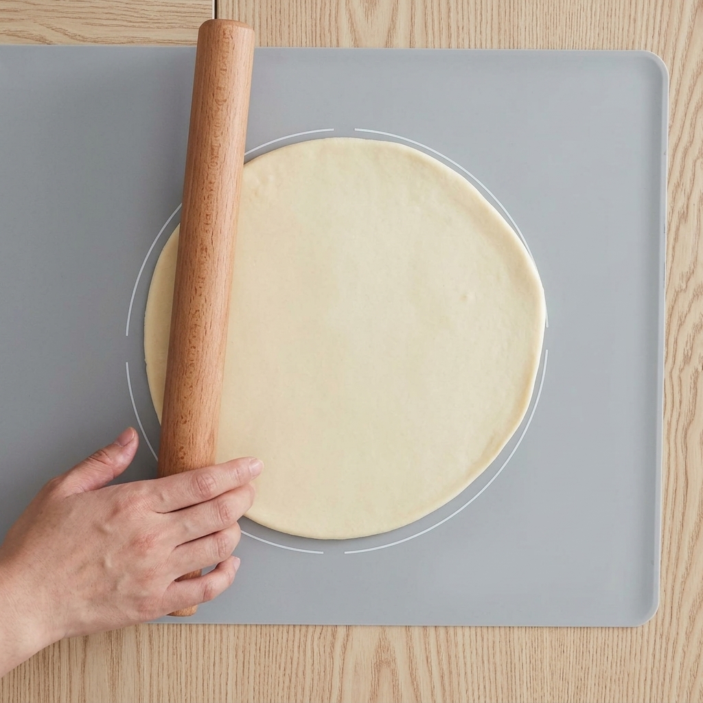 Une main utilisant un rouleau à pâtisserie en bois pour aplatir la pâte en un large cercle lisse.