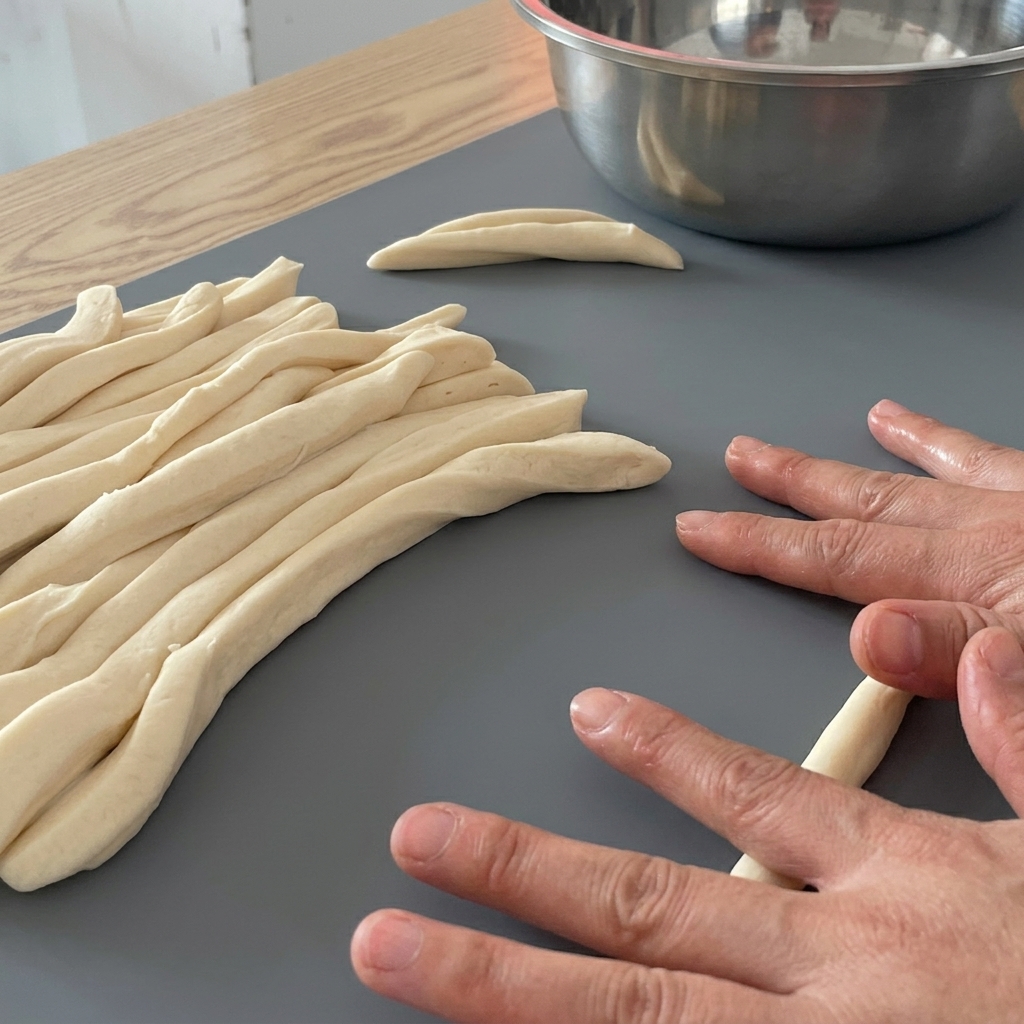Des mains roulant une bande de pâte épaisse pour en faire un long cordon sur un tapis gris.