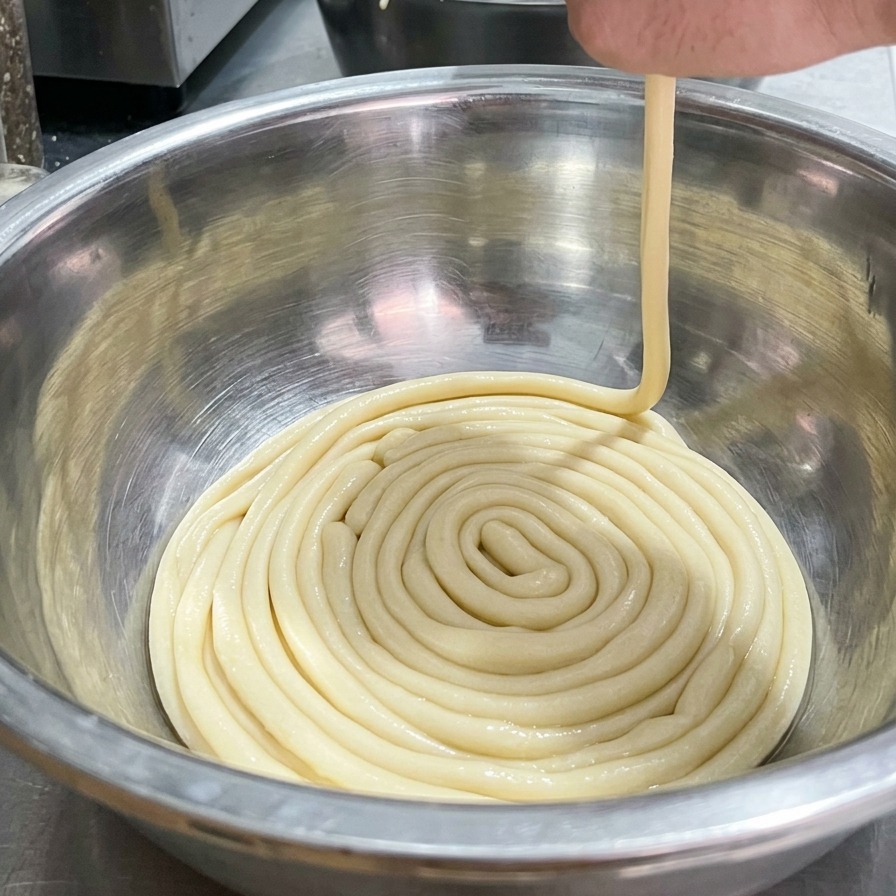 Une main étirant un long cordon de nouilles avant de le plonger dans une casserole deau bouillante.