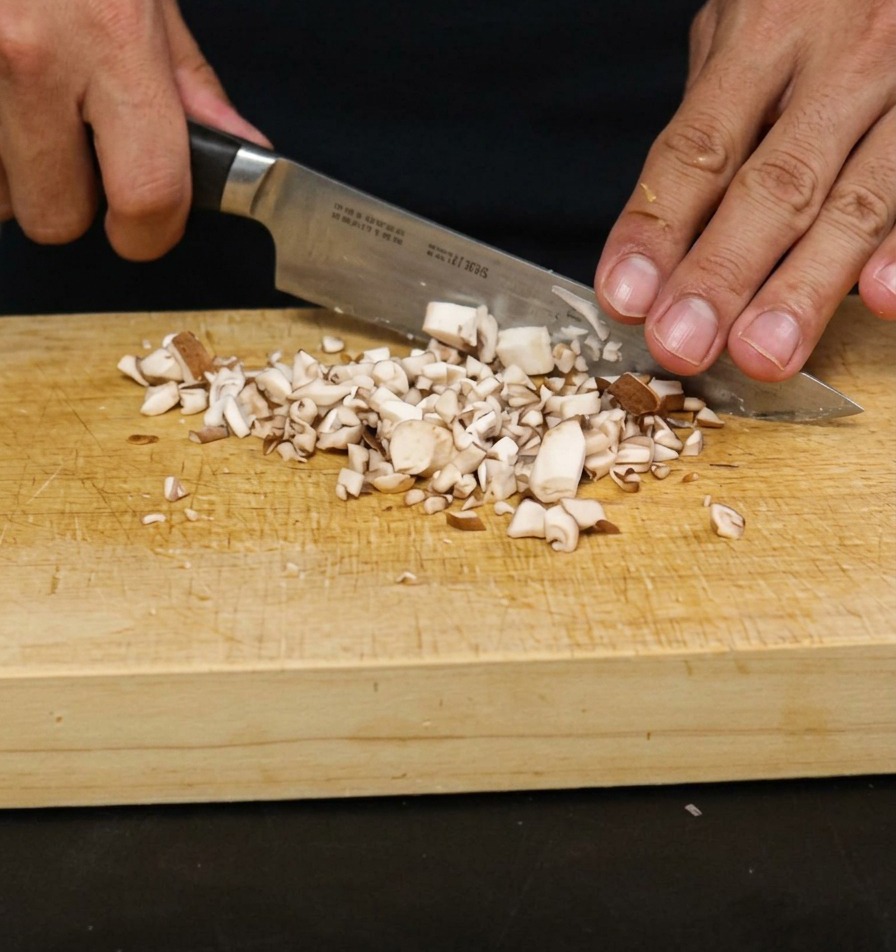 Gros plan dun champignon shiitake coupé en petits dés sur une surface de préparation.