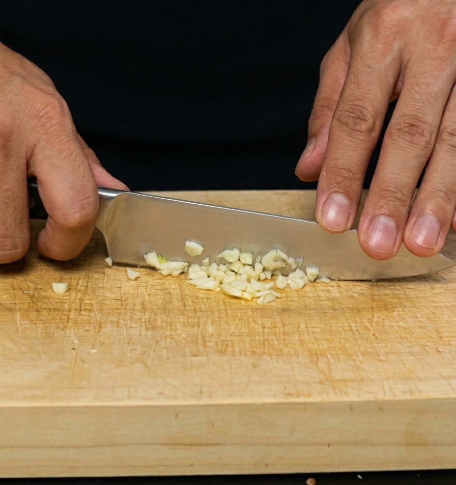 Un chef utilisant un couteau pour hacher une gousse dail en menus morceaux.