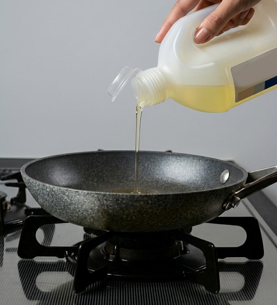 Huile végétale versée dans une poêle antiadhésive sur une cuisinière à gaz.